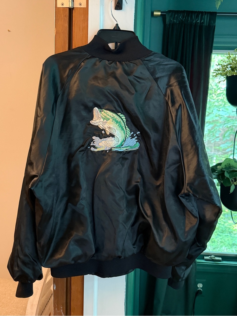 Vintage Bass Pro Shops Black Satin Bomber Jacket Snap Front Fishing